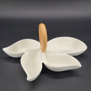 Brandani White Porcelain Four Compartment Serving Appetizer Dish Bamboo Handle